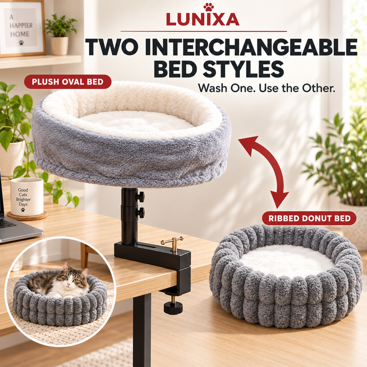 LUNIXA 2-in-1 Desk-Mounted Cat Bed Set
