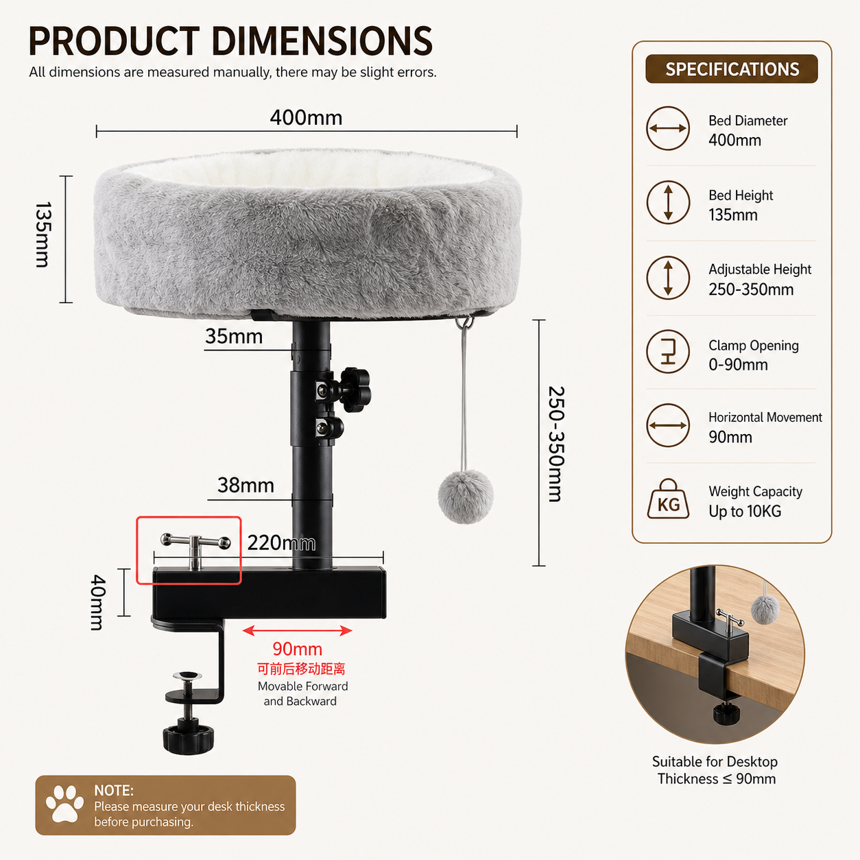 LUNIXA cat desk bed dimensions and desk fit guide