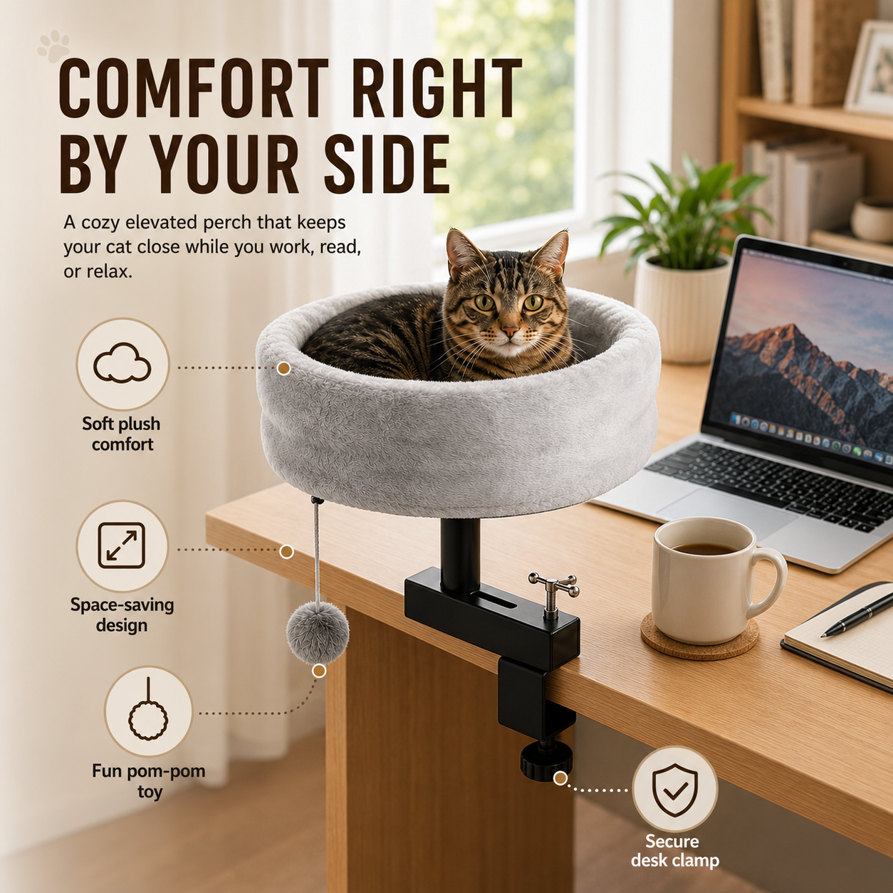 LUNIXA cat desk bed feature callouts showing plush comfort and secure clamp