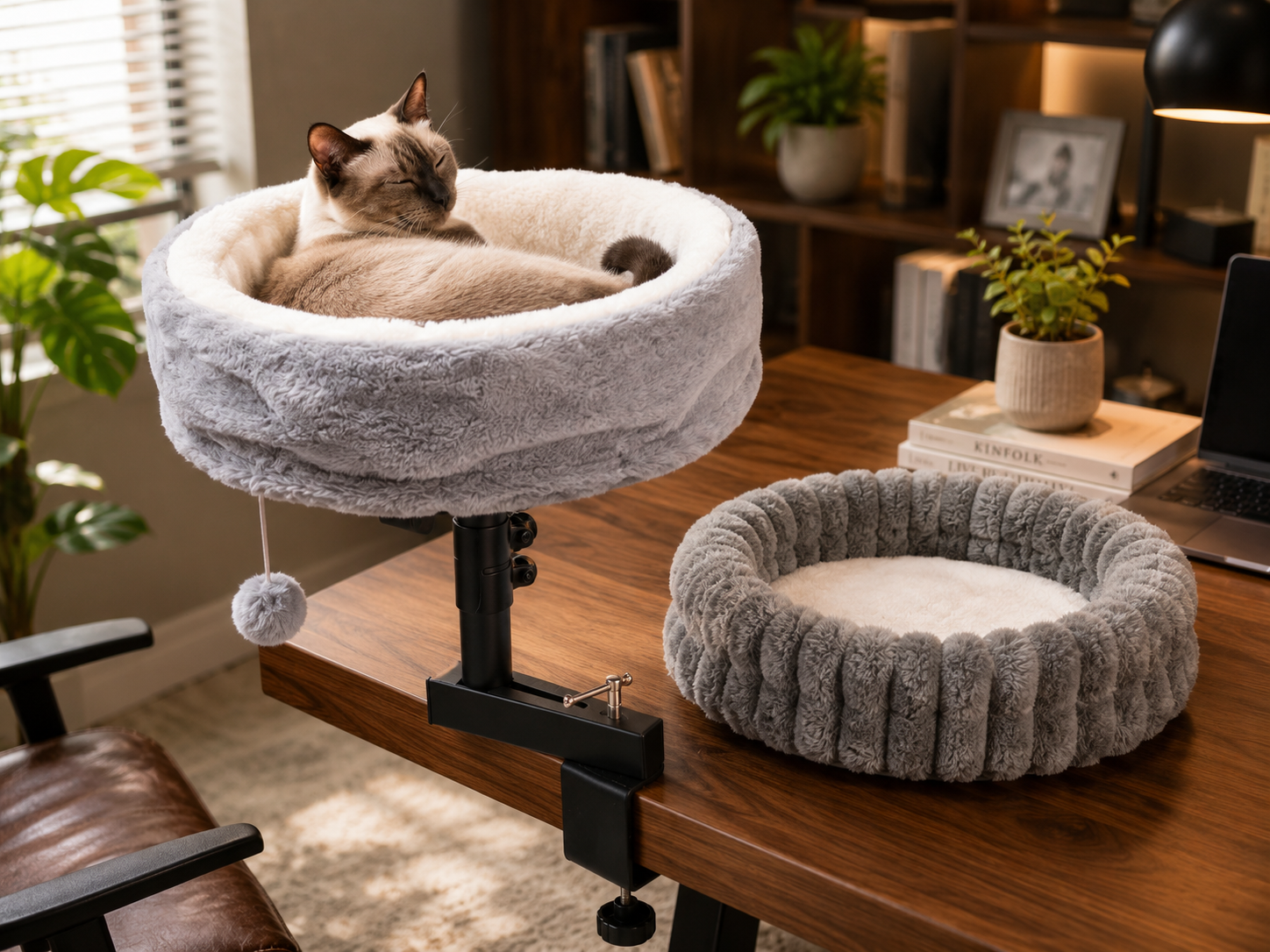 Cat resting in the LUNIXA cat desk bed on a warm home-office desk