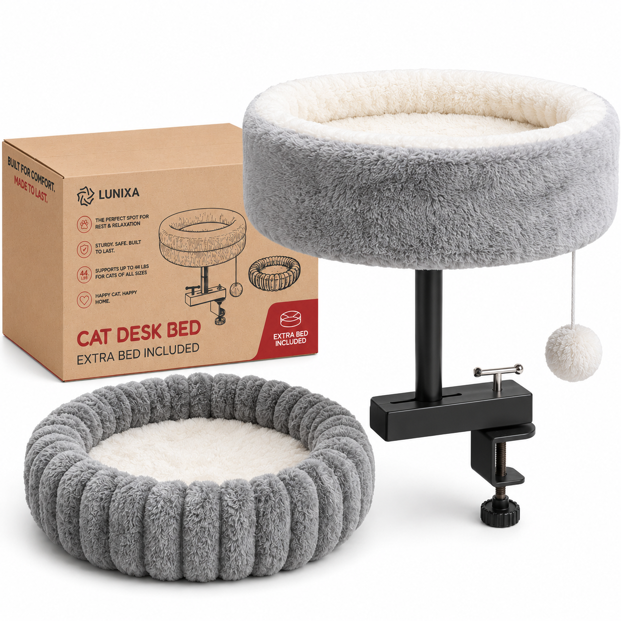 LUNIXA cat desk bed product kit with packaging and extra bed